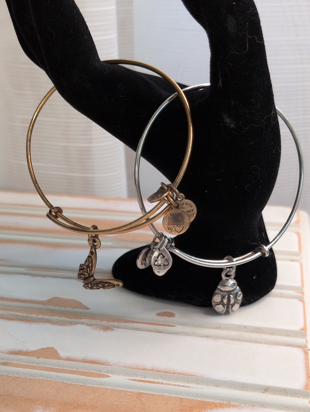 Alex and Ani Bracelet Lot 2pc Butterfly Ladybug Gold Silver Nature Charm Stack